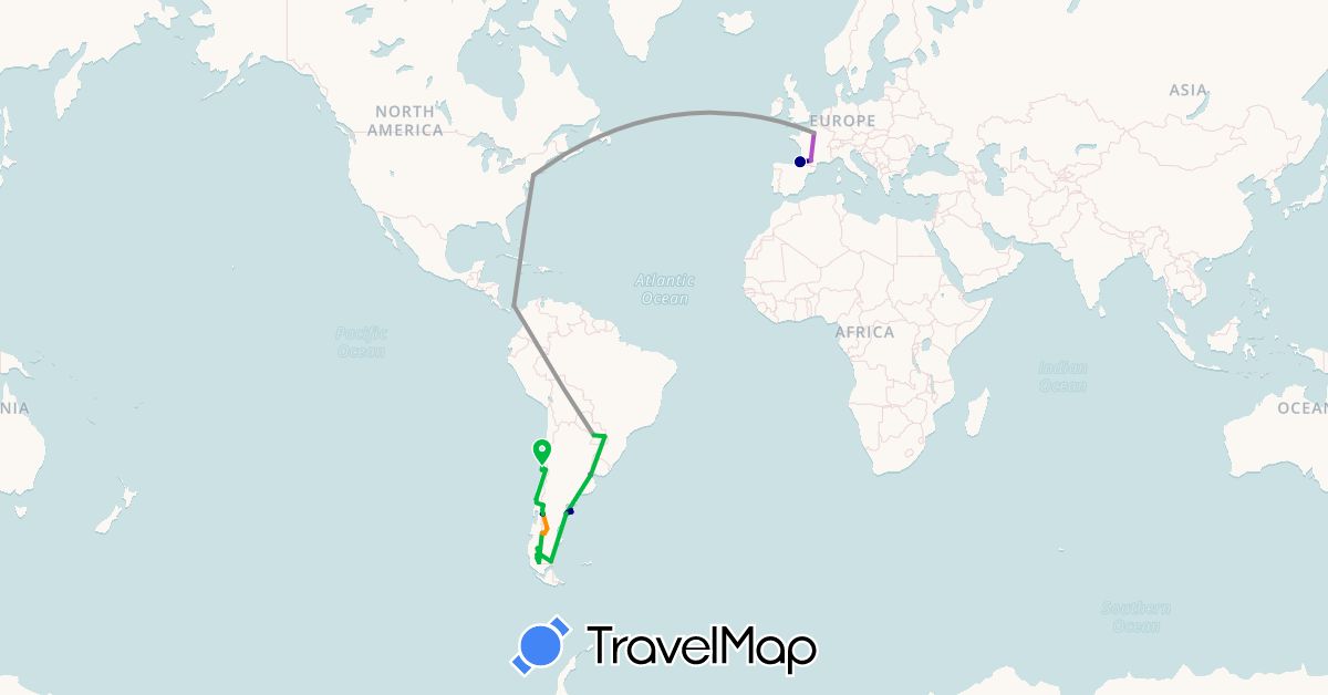 TravelMap itinerary: driving, bus, plane, train, hitchhiking in Argentina, Chile, France, Panama, Paraguay, United States (Europe, North America, South America)